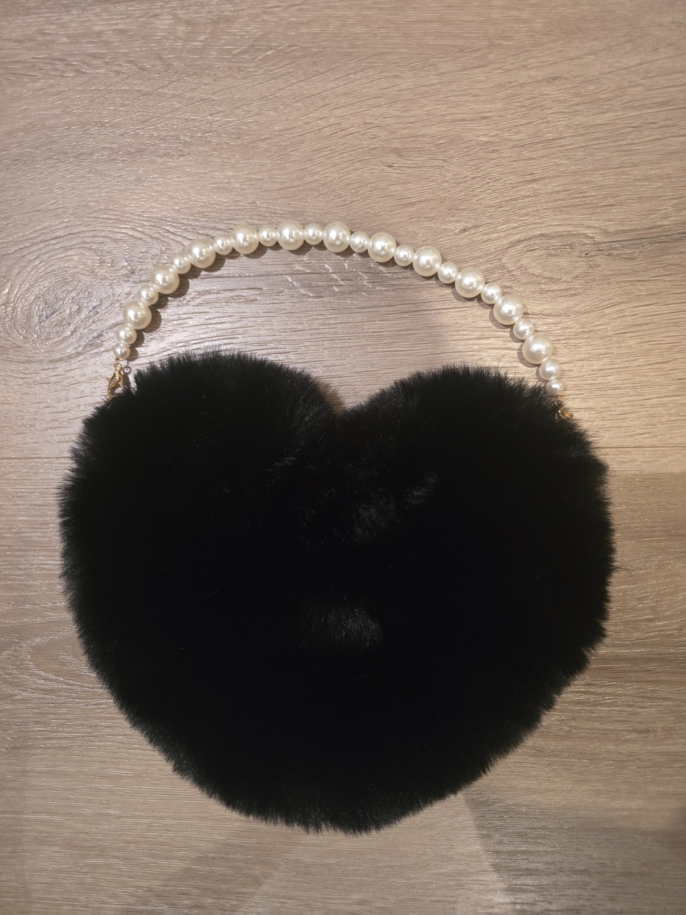 Girls Heart-shaped - Black Faux Fur Handbag